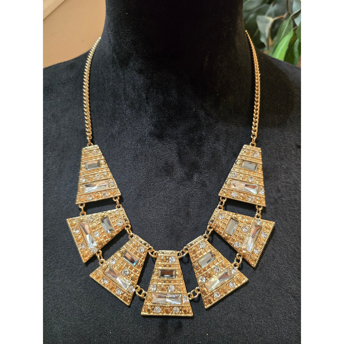 Women's Gold Tone Geometric Statement Necklace Clear Rhinestone Bib Necklace