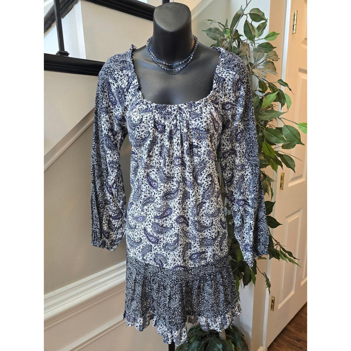 Sam Edelman Paisley Print Dress Women's XS Blue White 100% Cotton Square Neck