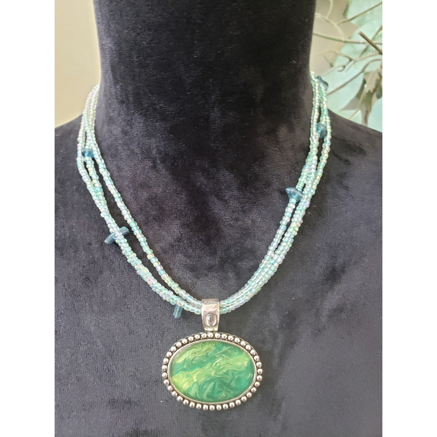 Womens 3 Strand Rainbow Seed Beads Chains Green Enamel Pendant Necklace w/ Claw