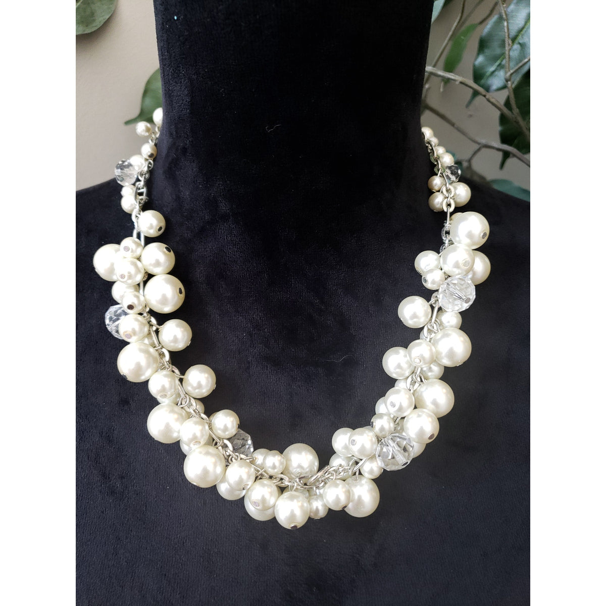 Womens Silver Tone Ivory Faux Pearls Crystals Cluster Statement Necklace Jewelry