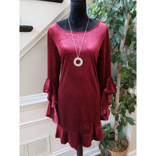 Rethm Sheath Dress Womens Small Burgundy Velvet Round Neck Ruffle Sleeve & Hem