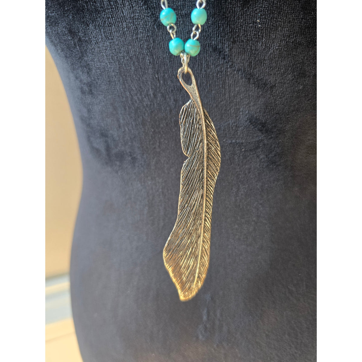 West & Co Turquoise Beaded Long Pendant Necklace Gold Tone Leaf Boho Jewelry