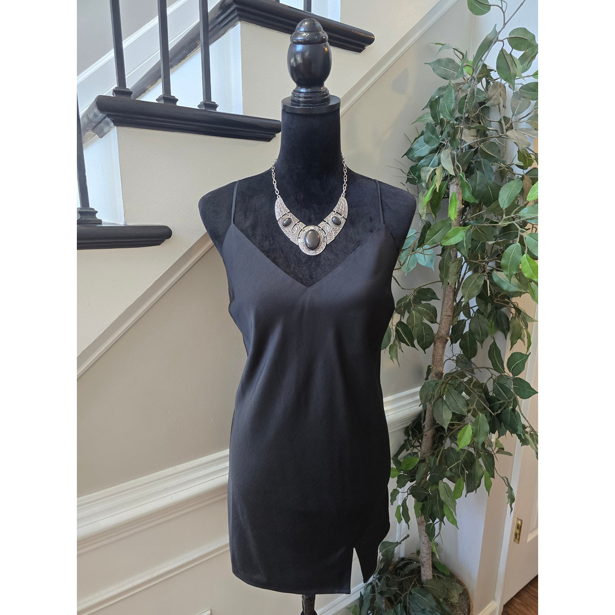 A New Day Slip Mini Dress Women's Medium Black Side Slit V-Neck Spaghetti Strap