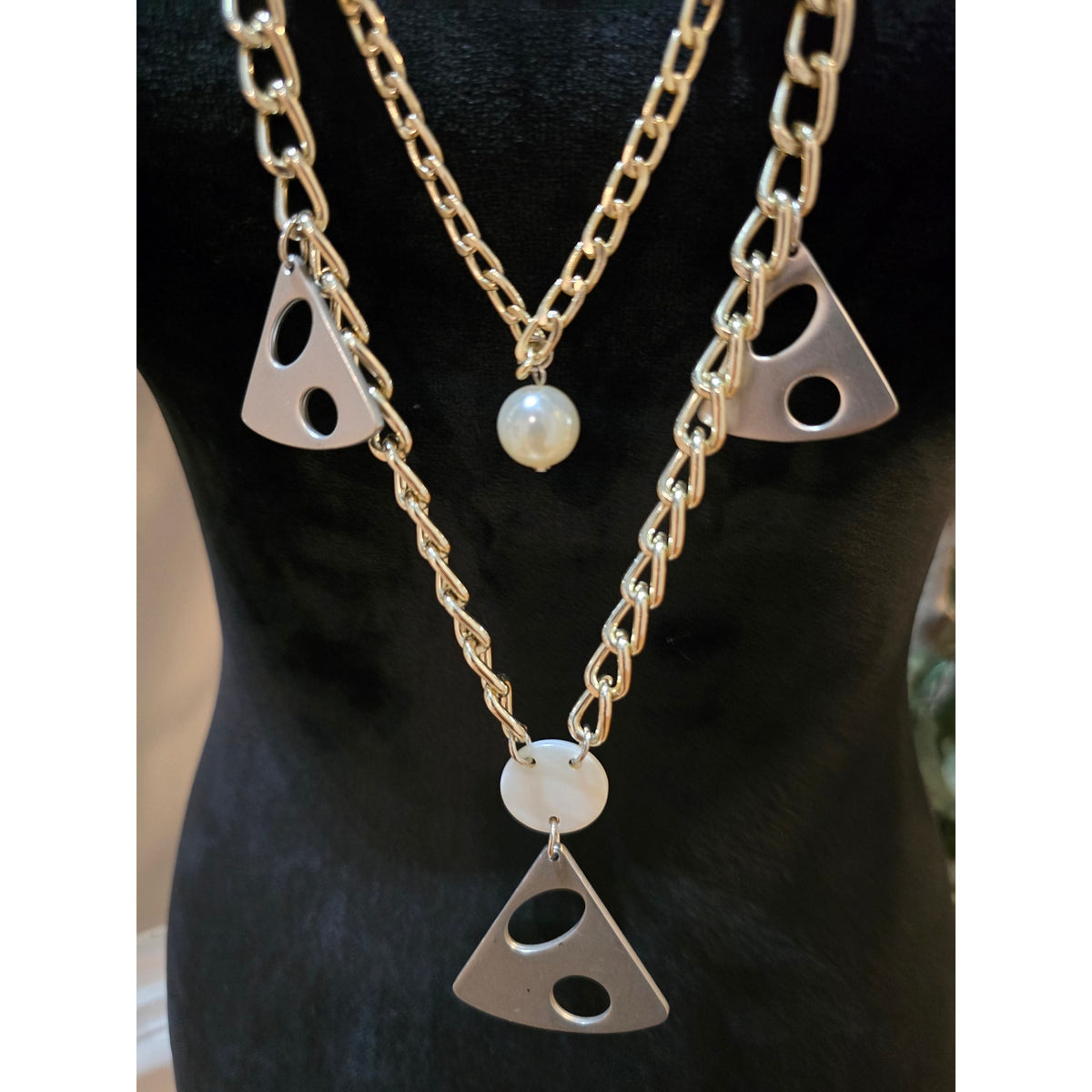 Women's Gold Tone Layered Chain Necklace Geometric Pendant Pearl Multi Strand