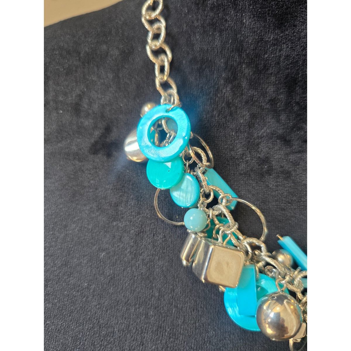 Silver Tone Turquoise Blue Charm Beaded Statement Necklace