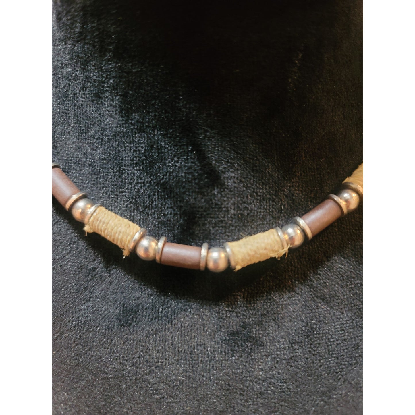 Women's Handmade Beaded Necklace With Wooden Tubes Rope Accents And Lobster Lock