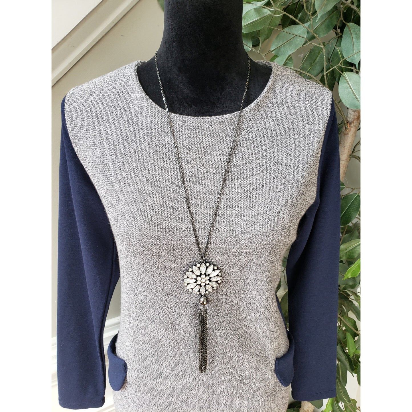 Dodry Sweater Dress Womens Medium Gray Blue Knit Long Sleeve Round Neck Pullover