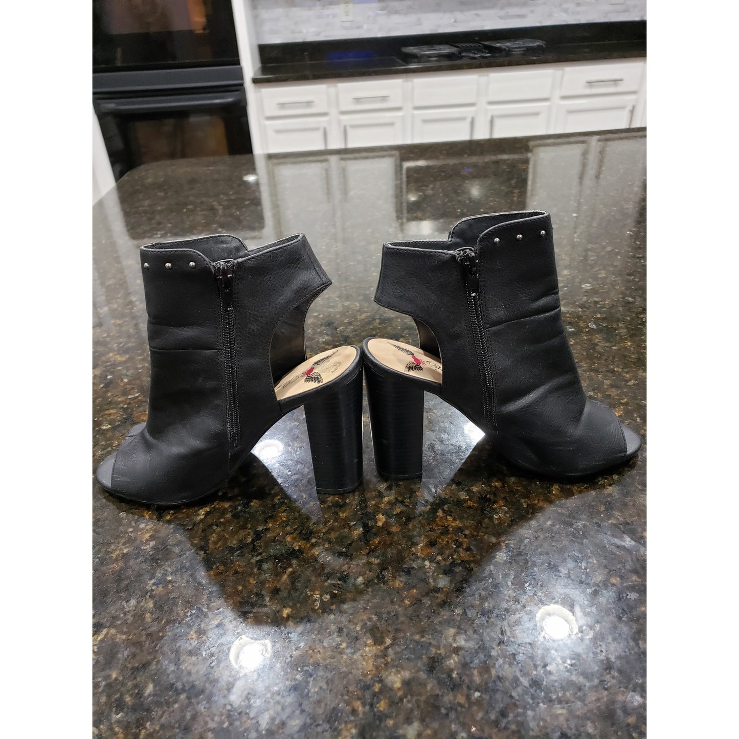 Penny Loves Kenny Ankle Boots Womens Size 7.5M Black Leather Studded Open Toe