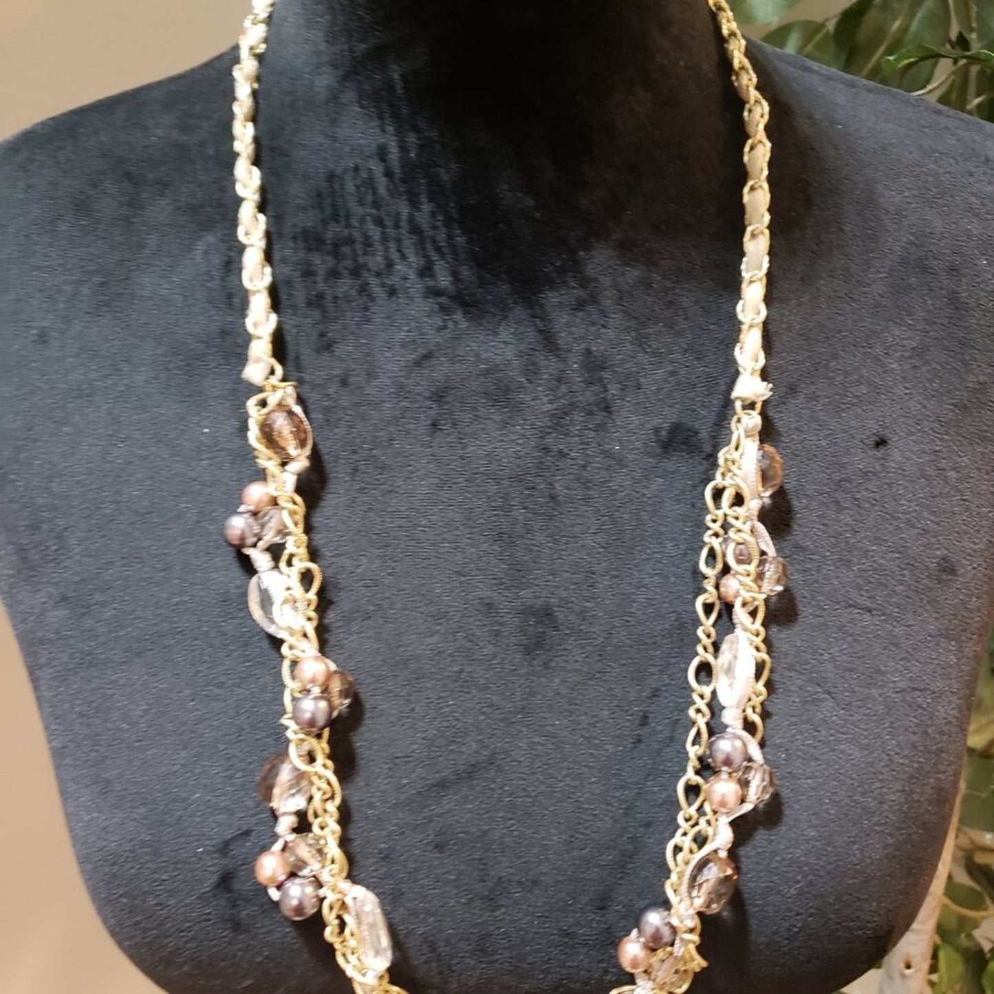 Womens Pink Brown Pearl and Crystal Beaded Necklace Jewelry with Lobster Clasp