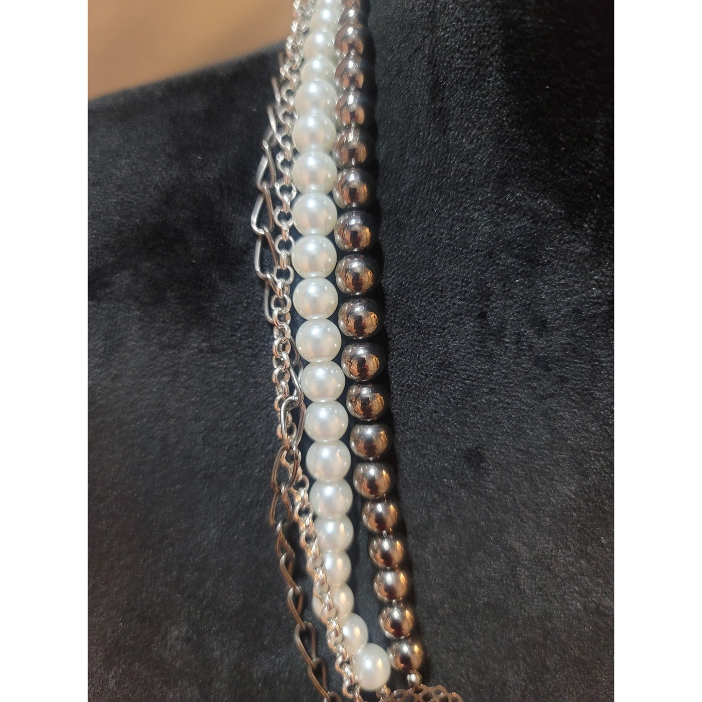 Women's Multi Layer Pearl Beaded Chain Necklace With Silver Flower Pendant
