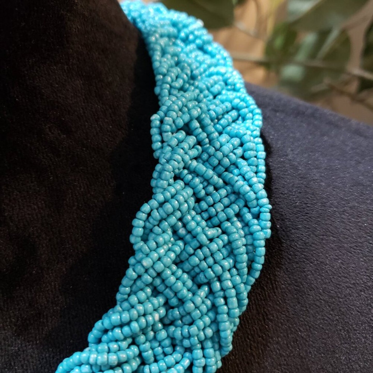Women Light Blue Braided Seed Beaded Multiple Layers Necklace with Lobster Clasp