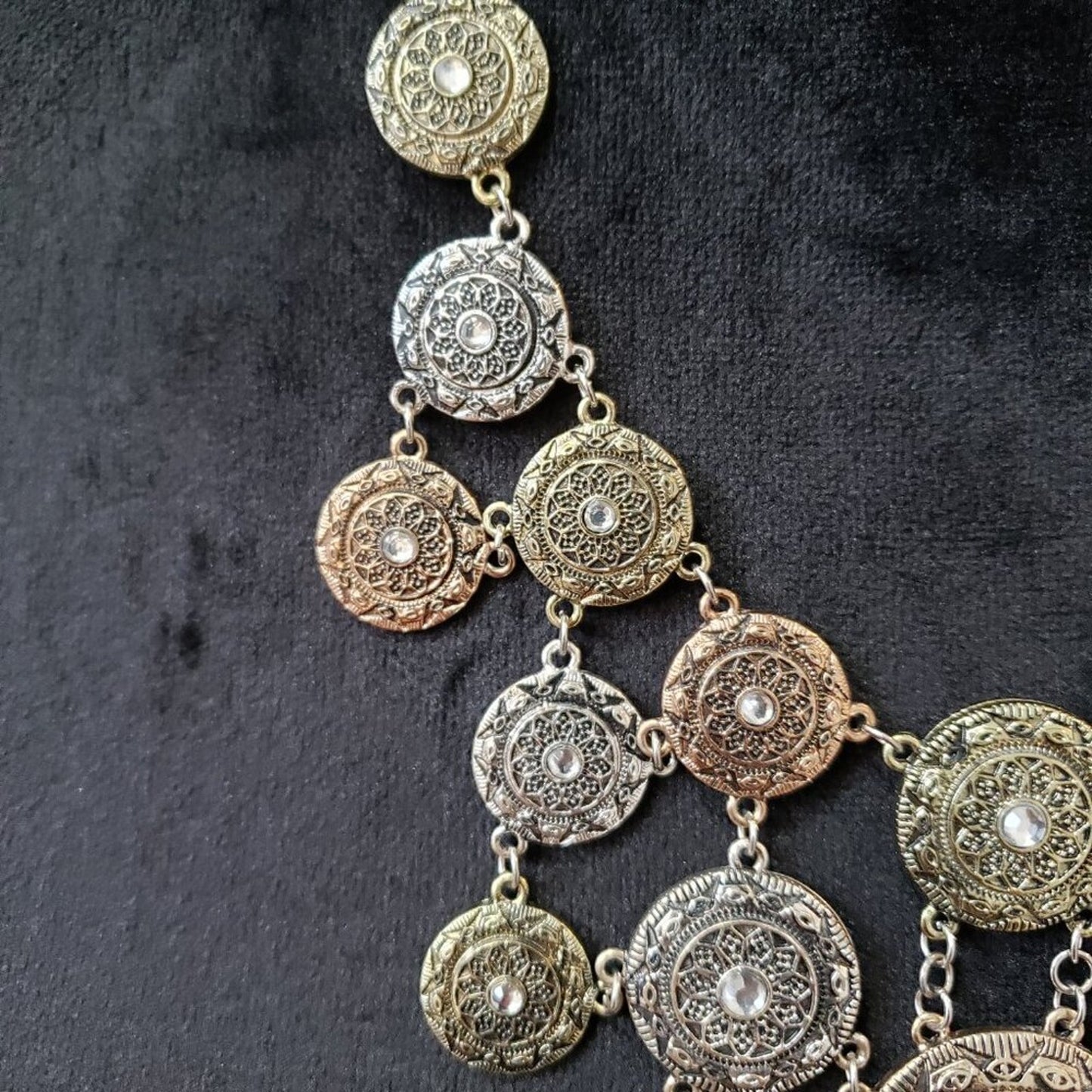 Womens Silver Gold Medallion Pendant Rhinestone Copper Tone Bib Necklace