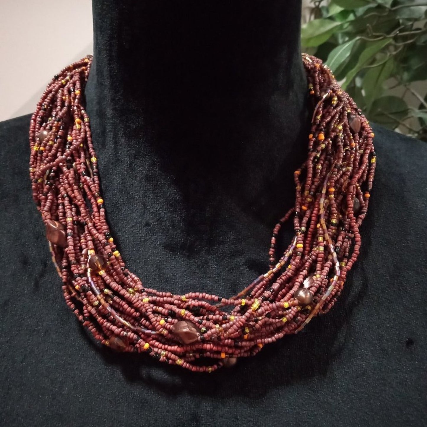 Womens Boho Style Multi Strand Brown Beaded Collar Necklace with Lobster Clasp