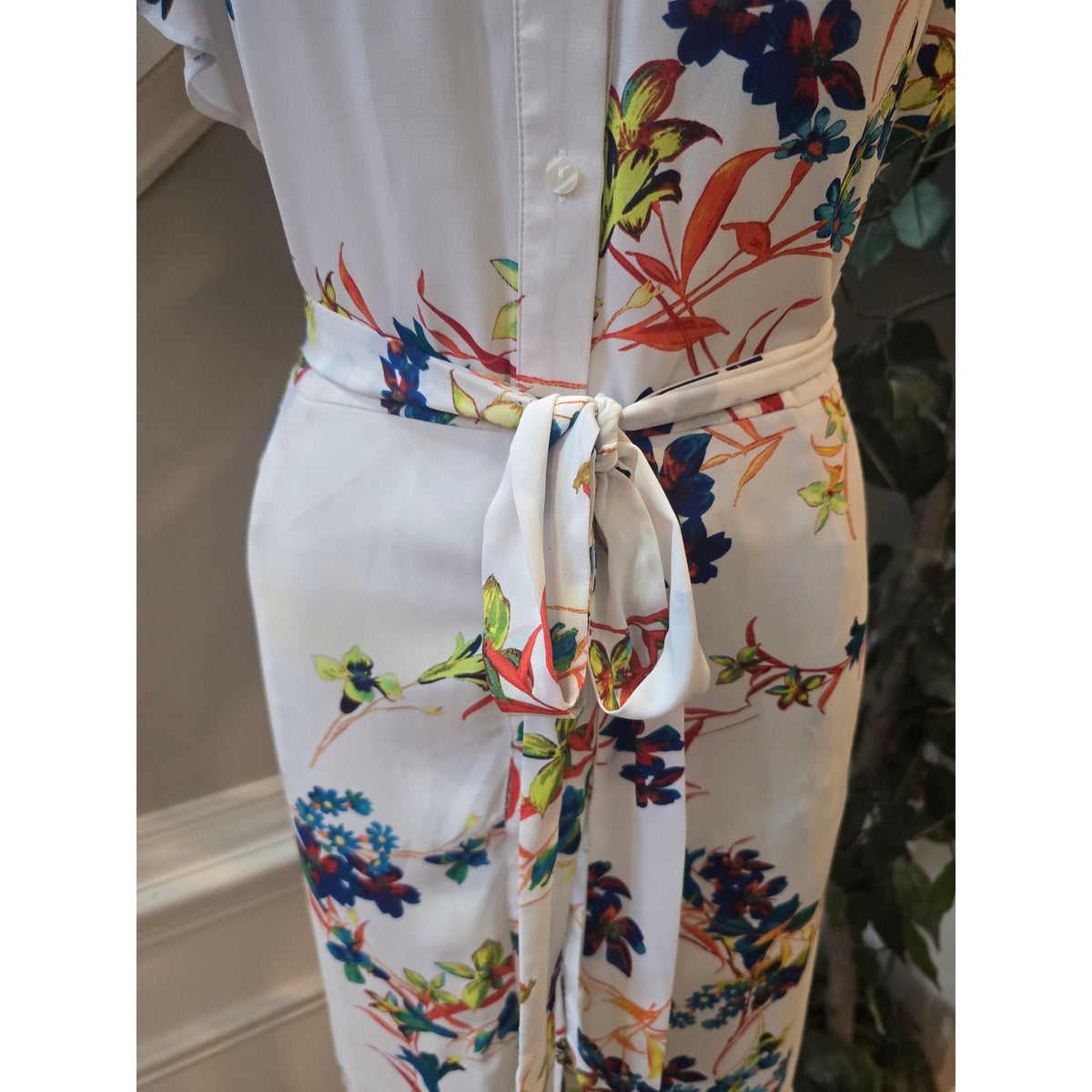 Worthington Shirt Dress Womens 6 White Floral Button Up Waist Tie Flutter Sleeve