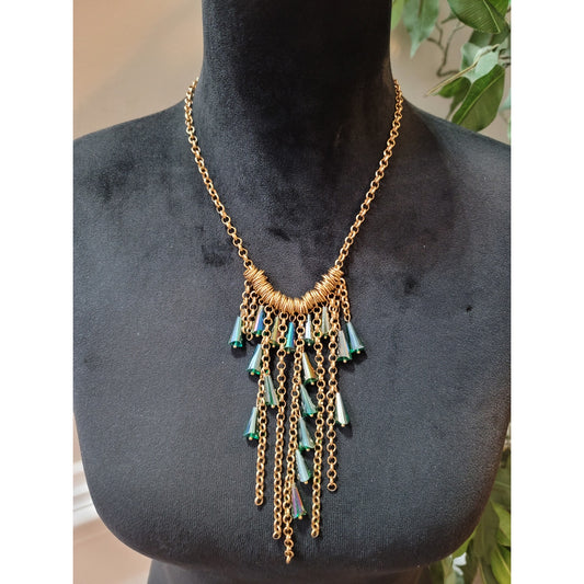 Women's Green Crystal Tassel Necklace with Gold Chain and Link Details