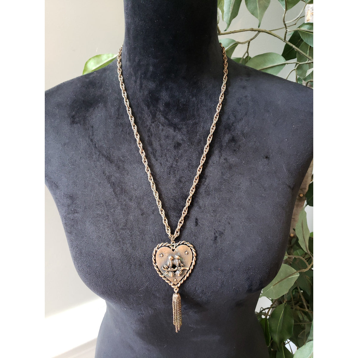 Womens Brushed Copper Heart Textured Love Birds Chains Tassel Pendant Necklace