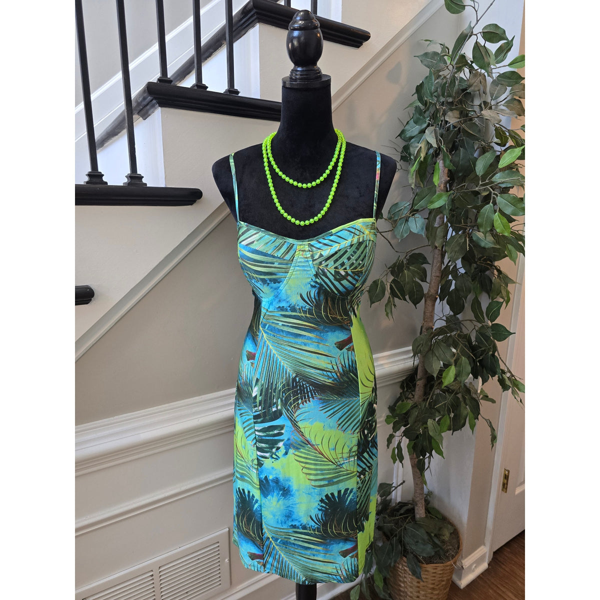 Merci Bodycon Dress Womens Large Multicolor Tropical Palm Padded Spaghetti Strap