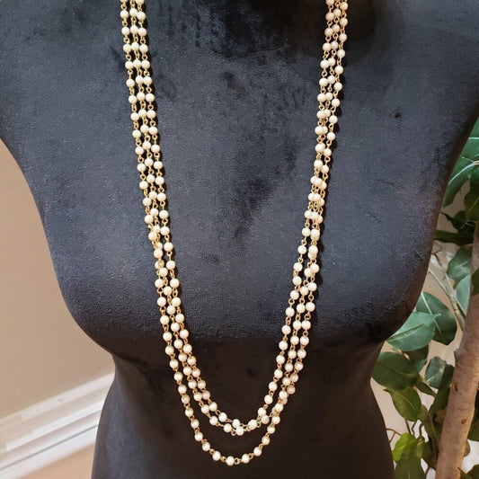 Womens 3 Strand Gold Plated Wire Rosary Beaded Chain Necklace with Lobster Clasp