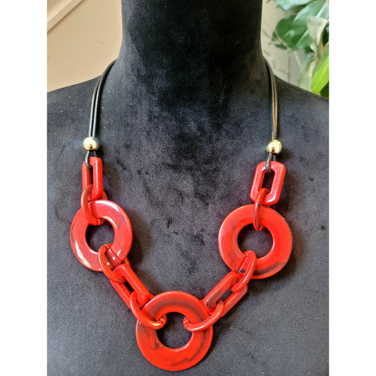 Red Resin Statement Necklace & Hoop Earrings Set Modern Chunky Geometric Jewelry