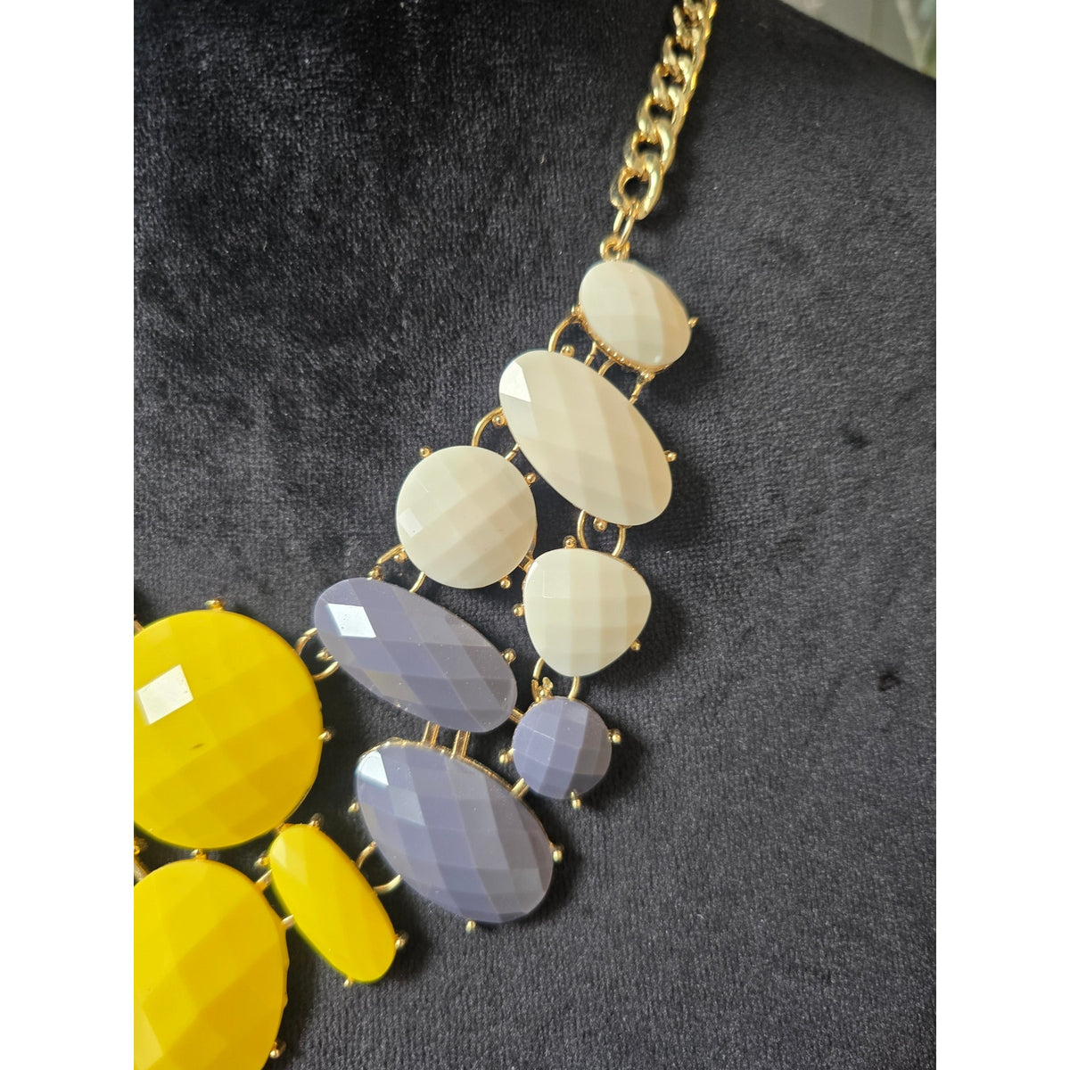 Bright Yellow Gray White Faceted Geometric Beaded Gold Tone Bib Necklace