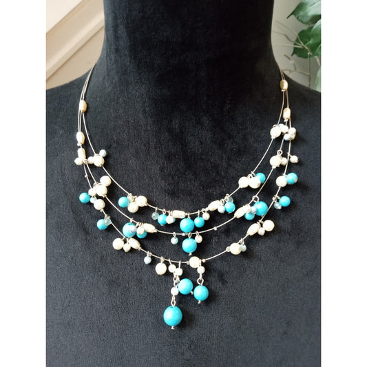 Turquoise White Beaded Layered Necklace Silver Tone Dangle Boho Statement Bib