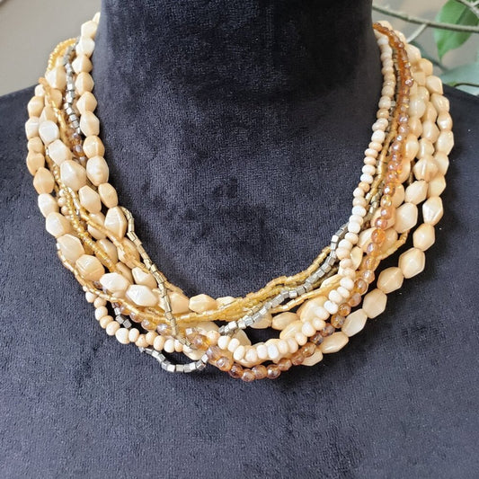 Women's Fashion Multi-Strand Bone Shell & Pearl Statement Necklace with Lobster