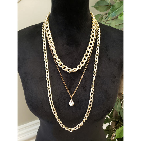 Layered Gold Tone Chain Necklace Set with Teardrop Pendant Fashion Jewelry