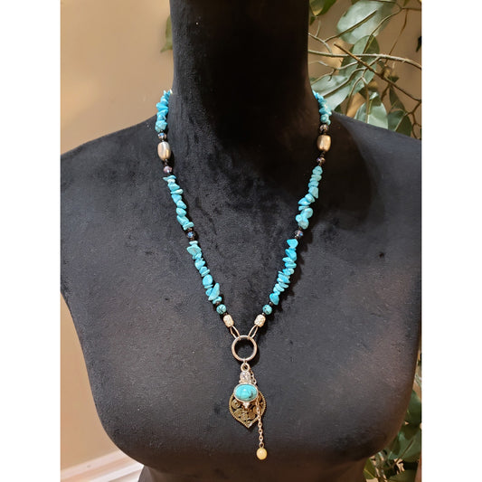 Womens Turquoise Stone Beads Filigree Lariat Pendant Necklace Jewelry w/ Lobster