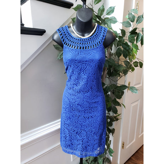 Jessica Howard Shift Dress Women's Size 8 Blue Lined Sleeveless Open Weave Lace