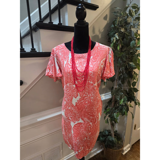 Grace Elements Shift Dress Women's SZ XL Coral Pink Paisley Back keyhole Pockets