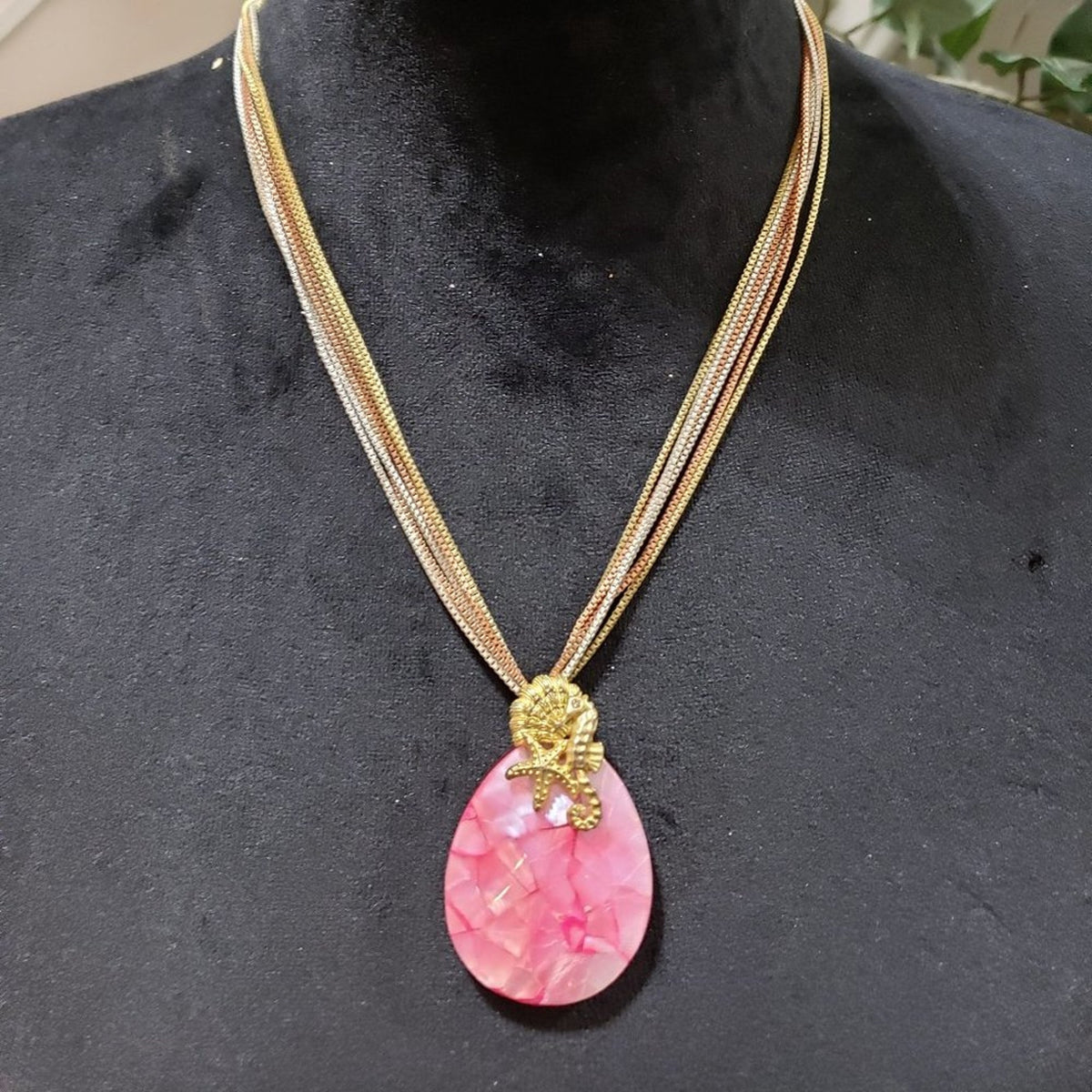 Womens Pink Rhodochrosite Pendant Multi Layer Chain Necklace with Lobster Clasp
