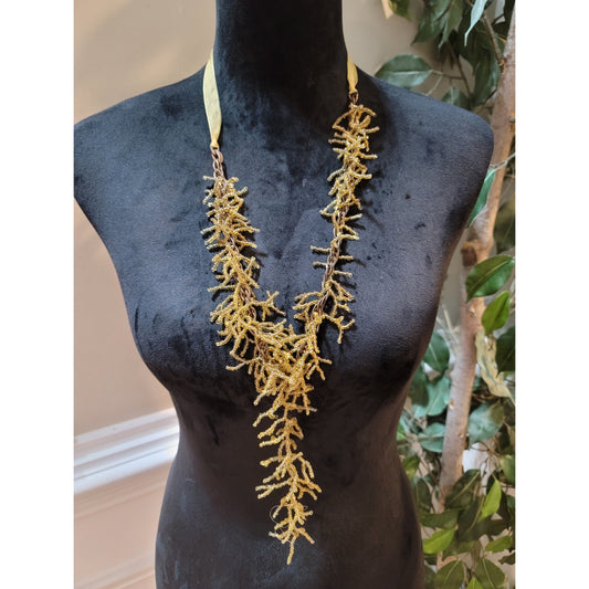 Women's Yellow Beaded Necklace with Coral Chain and Satin Ribbon Tie