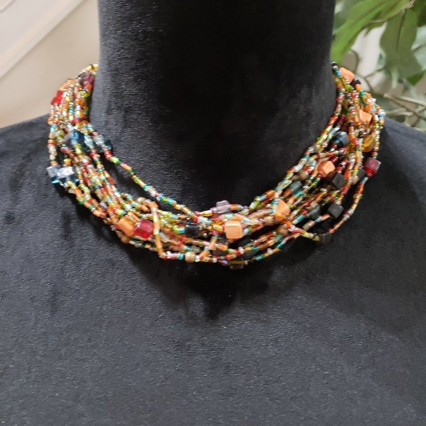 Womens Fashion Glass Seed Bead Multi Strand Braided Necklace with Lobster Clasp