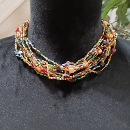 Womens Fashion Glass Seed Bead Multi Strand Braided Necklace with Lobster Clasp
