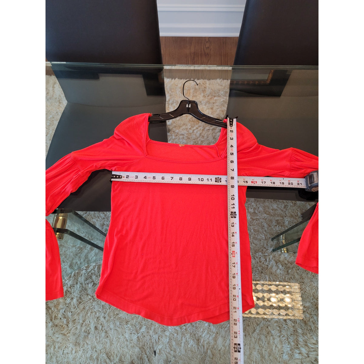 Free People L Red Stretch Square Neck Curved Hem Tiered Bell-Sleeve Casual