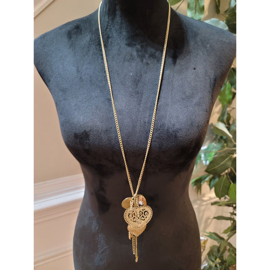 Women's Long Gold Tone Heart Pendant Chain or Necklace With Lobster Claw Lock