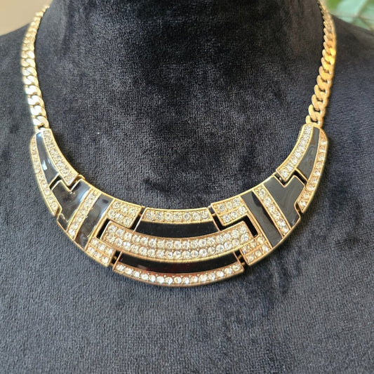 Womens Black Enamel Clear Rhinestones Statement Collar Necklace w/ Lobster Clasp