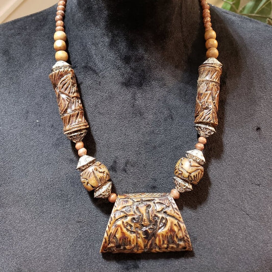 Womens Fashion Brown Wood Tibetan Agate Bead Pendant Necklace with Lobster Clasp