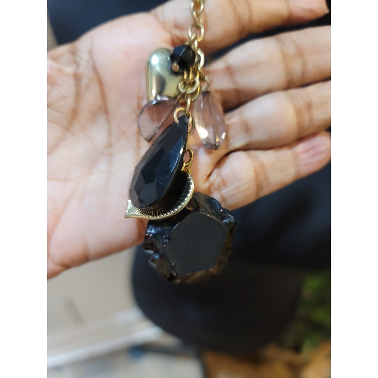 Women's Gold Chain Necklace With Lobster Clasp Black Rose Heart And Bead Charms