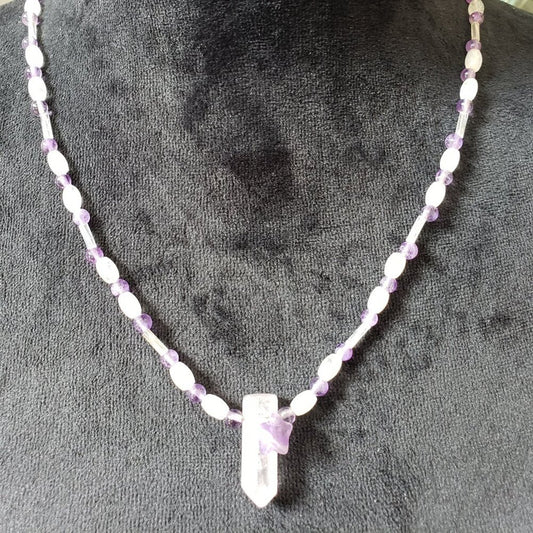 Womens Fashion Lemurian Purple & White Beads Crystal Necklace with Lobster Clasp