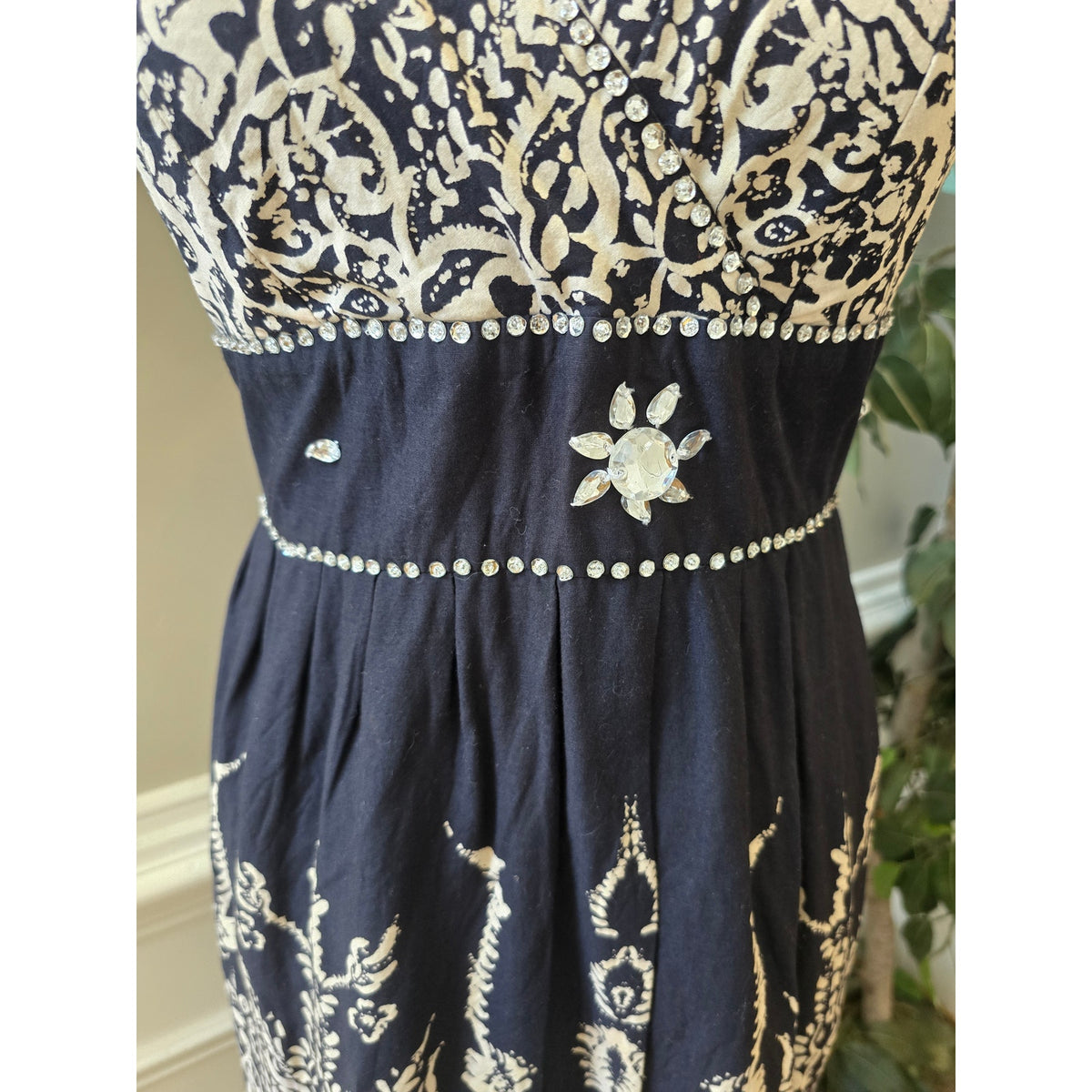 Cassee Mini Dress Women's SZ XL Black Damask Rhinestone Pleated Spaghetti Strap