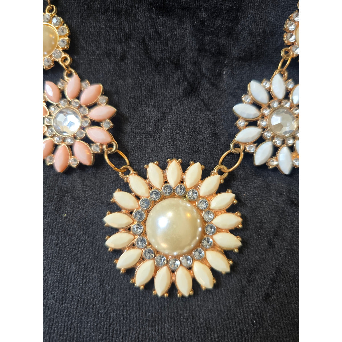 Gold Tone Peach Ivory Floral Rhinestone Statement Necklace