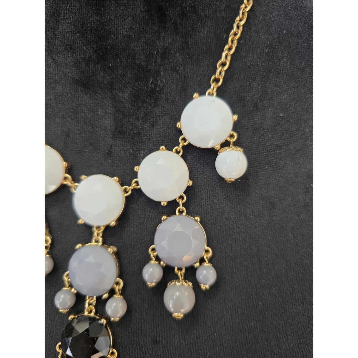 White Gray & Black Beaded Drop Statement Necklace Gold Tone Chain