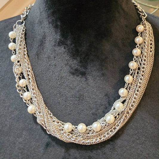 Womens Fashion Silver 5 Strand Chain and Pearls Beaded Necklace w/ Lobster Clasp