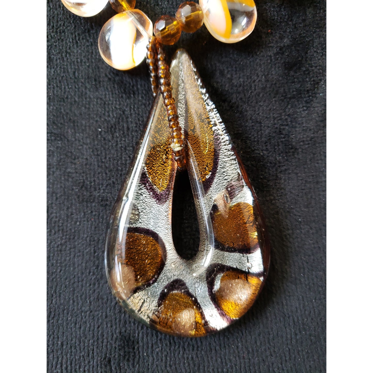 Vintage Amber Glass Bead Necklace with Teardrop Pendant and Gold Accents