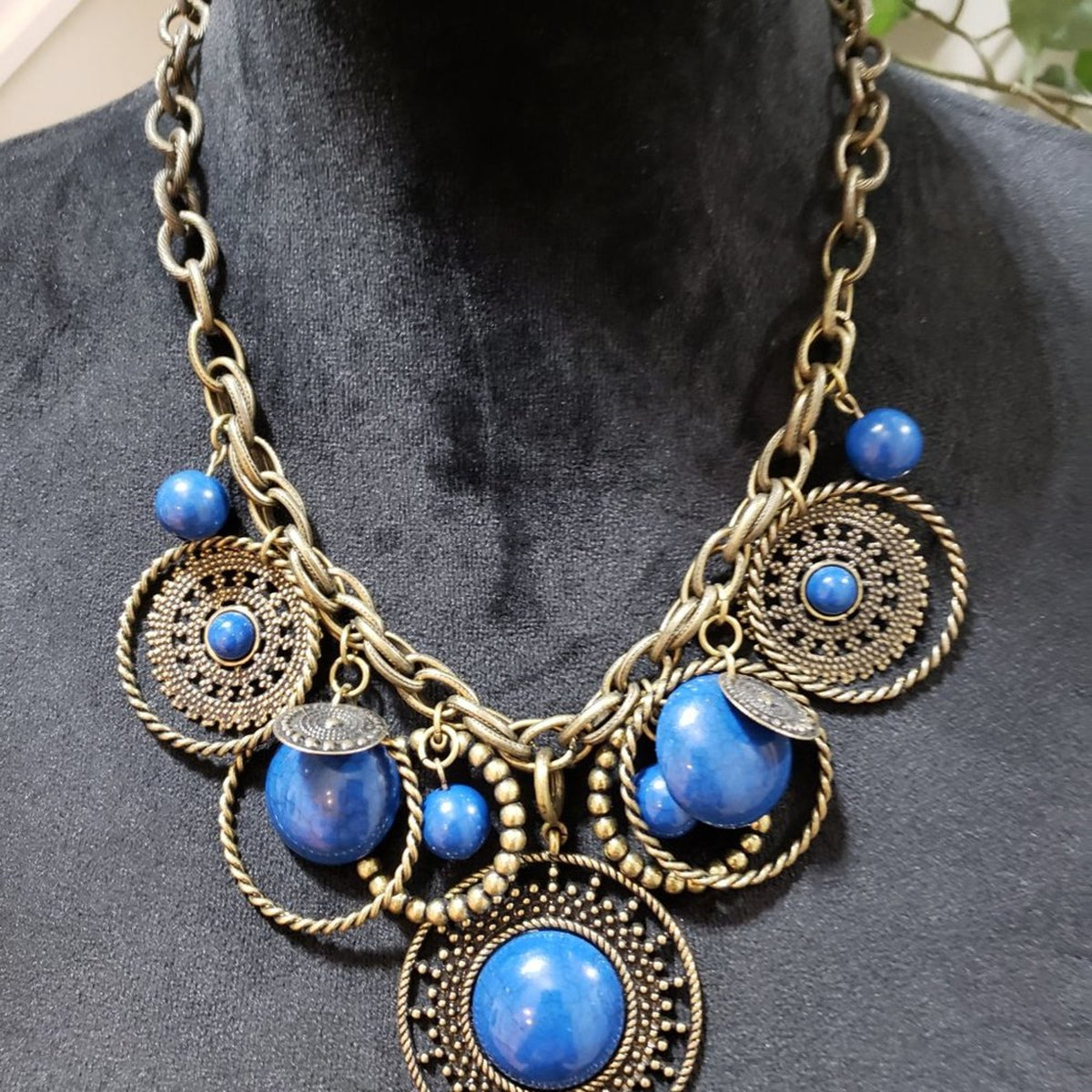 Womens Fashion Indigo Blue Antiqued Brass Chunky Charm Necklace w/ Lobster Clasp