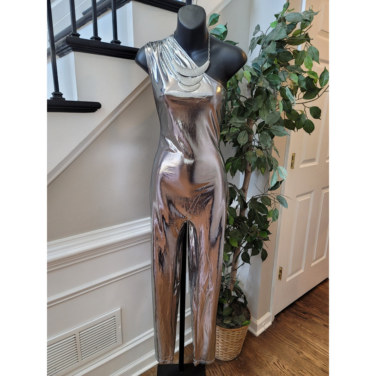 Fashion Nova One Shoulder Jumpsuit Women Large Metallic Silver Club Party Outfit