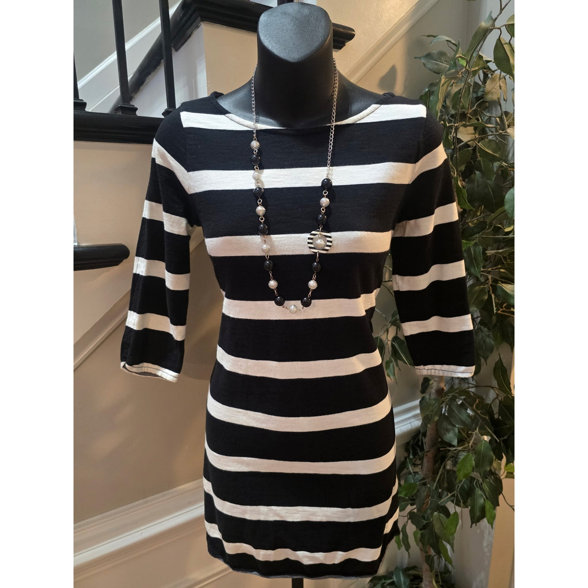 J. Crew Shift Dress Women's Size XS Black/White Striped Boat Neck 3/4 Sleeves