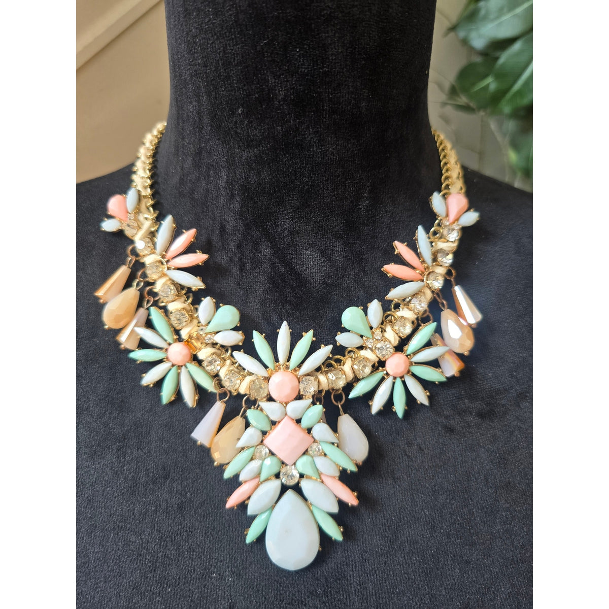 Pastel Multicolor Rhinestone Floral Bib Statement Necklace