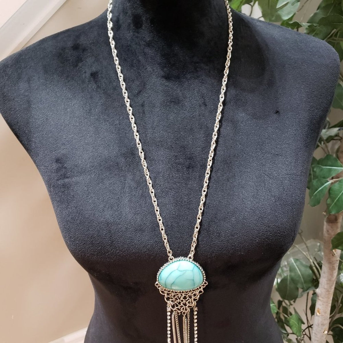 Silver Tone Blue Turquoise Acrylic Fringe Tassel Fashion Jewellery Necklace
